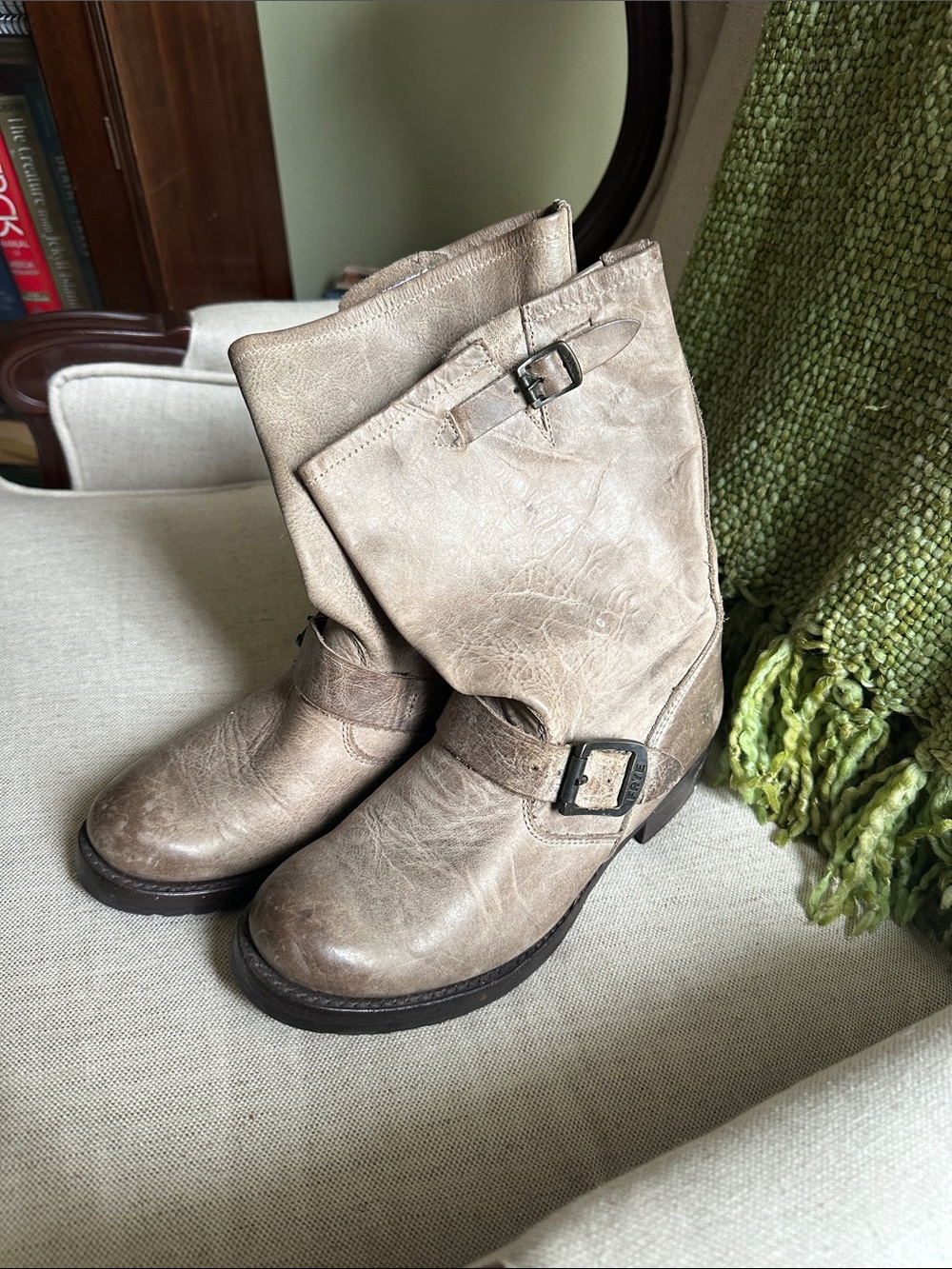 Frye Womens Taupe Leather Mid-Calf Buckle Boots
